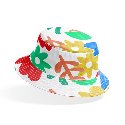 Collage colorido con formas abstractas: flores amarillas, semicírculos azules, líneas onduladas y elementos orgánicos en diversos colores brillantes. bucket hat mockup