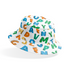 Patrón colorido de letras del alfabeto con diseños estilo dinosaurio en tonos azul, verde, amarillo y naranja sobre fondo blanco. bucket hat mockup