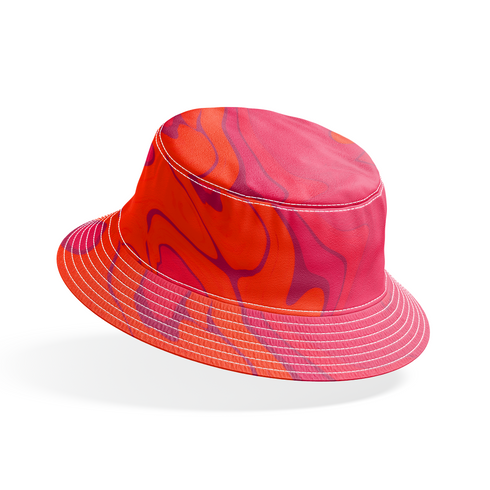 Patrón abstracto de colores vibrantes con tonos de rojo, naranja, púrpura y amarillo en forma de mármol líquido. bucket hat mockup
