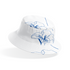 Patrón botánico de líneas azules que muestra flores y hojas en un estilo de dibujo minimalista sobre fondo blanco. bucket hat mockup
