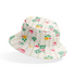 Patrón floral con rosas rosadas y amarillas sobre fondo de rayas beige y crema con hojas verdes bucket hat mockup