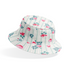 Patrón floral con rosas rosadas sobre fondo de rayas verticales grises y blancas bucket hat mockup