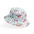 Patrón floral con rosado, amarillo y azul sobre rayas verticales azules y blancas bucket hat mockup