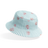 Patrón de rayas verticales turquesa sobre fondo blanco con motivos de hojas rosado coral dispersos bucket hat mockup