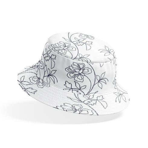 Patrón estampado floral con flores y hojas sobre fondo blanco, diseño botánico delicado bucket hat mockup