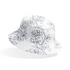Patrón estampado floral con flores y hojas sobre fondo blanco, diseño botánico delicado bucket hat mockup
