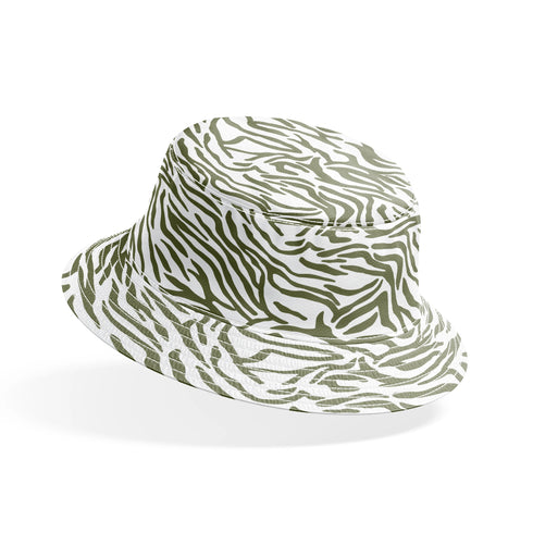 Estampado abstracto con rayas curvas en verde oliva sobre fondo blanco, estilo moderno bucket hat mockup
