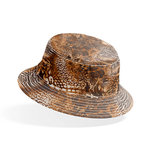 Estampado animal print con leopardo, serpientes y motivos abstractos en tonos café, negro y crema bucket hat mockup