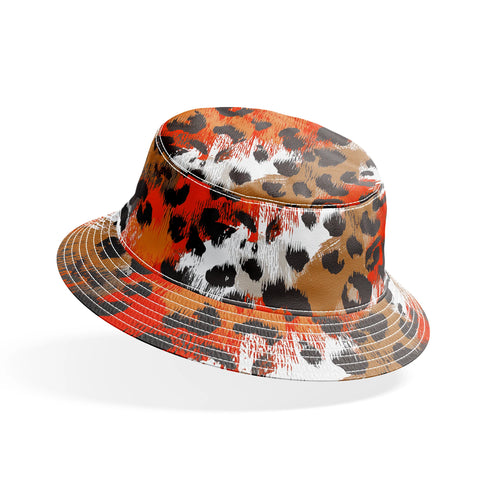 Estampado abstracto con manchas de leopardo en naranja, negro, blanco y café bucket hat mockup