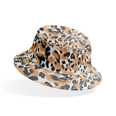 Estampado animal print en negro, café y blanco con manchas difuminadas estilo leopardo bucket hat mockup