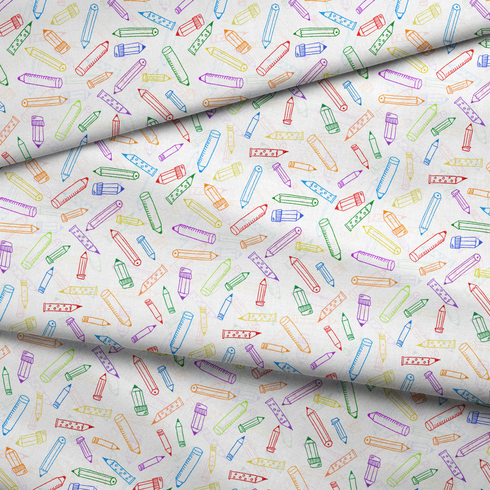 Patrón colorido de lápices y crayones dibujados en estilo lineal sobre fondo blanco fabric fold mockup