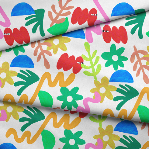 Collage colorido con formas abstractas: flores amarillas, semicírculos azules, líneas onduladas y elementos orgánicos en diversos colores brillantes. fabric fold mockup