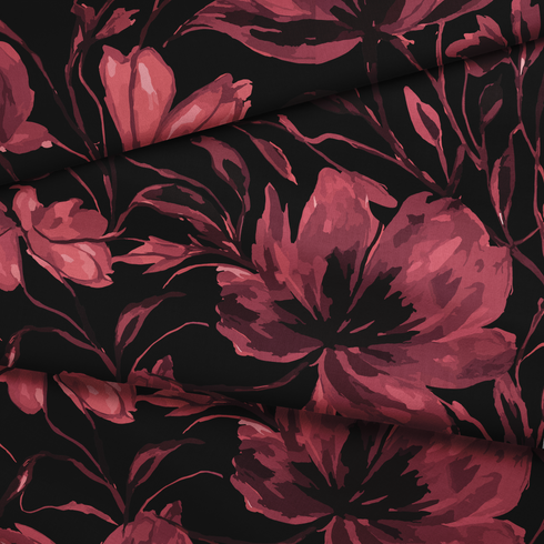 Patrón floral con flores de color rosa oscuro/burdeos sobre fondo negro, estilo artístico fabric fold mockup