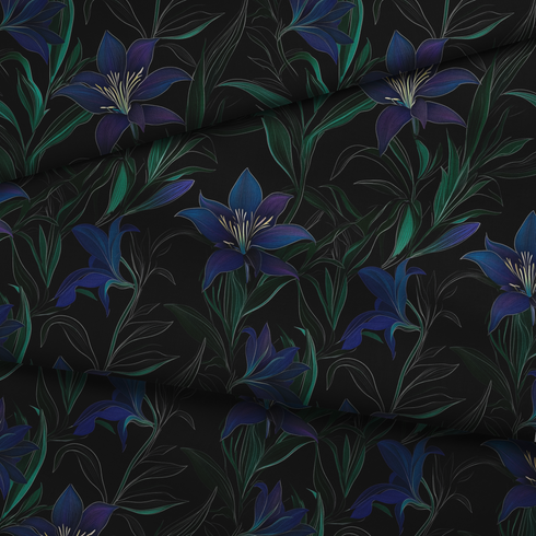 Patrón floral de elegantes lirios azul-púrpura con tallos verdes sobre fondo negro. fabric fold mockup
