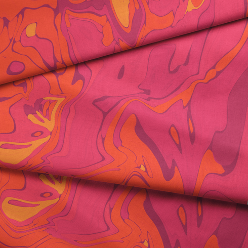 Patrón abstracto de colores vibrantes con tonos de rojo, naranja, púrpura y amarillo en forma de mármol líquido. fabric fold mockup