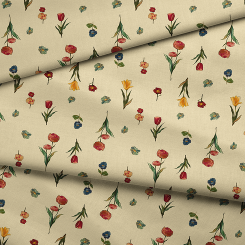 Patrón botánico con flores rojas, azules, amarillas y tulipanes sobre fondo beige claro fabric fold mockup