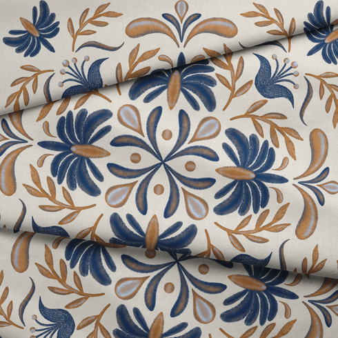 Diseño floral simétrico con motivos azules y marrón dorado en estilo folk, ornamento decorativo tradicional fabric fold mockup