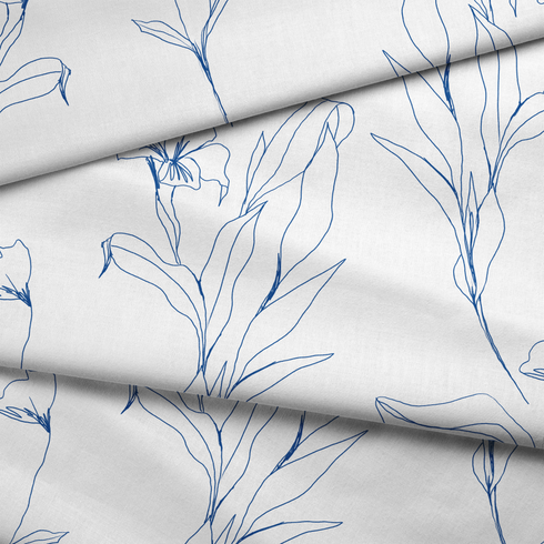 Patrón botánico de líneas azules que muestra flores y hojas en un estilo de dibujo minimalista sobre fondo blanco. fabric fold mockup
