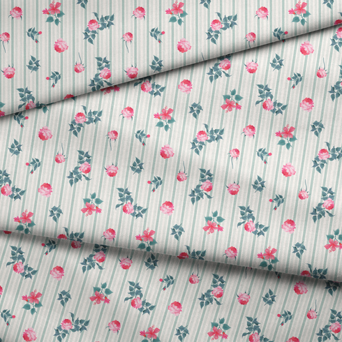 Patrón floral con rosas rosadas sobre fondo de rayas verticales grises y blancas fabric fold mockup
