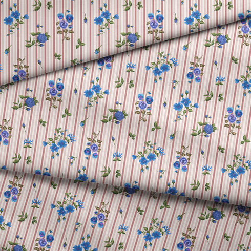Patrón floral con rosas azules sobre fondo de rayas rosadas y blancas verticales delicadas fabric fold mockup