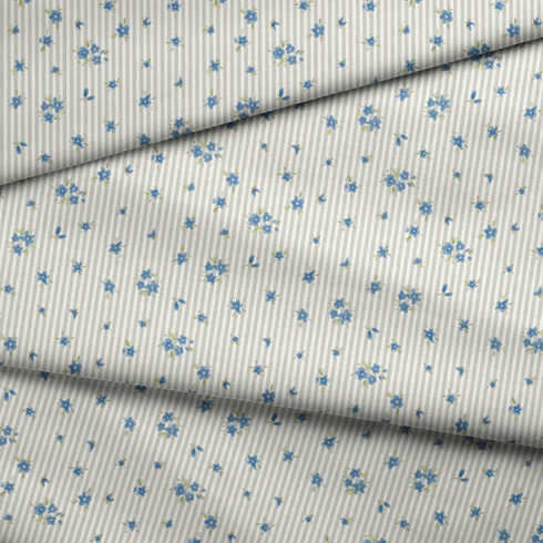 Patrón de flores azules pequeñas sobre fondo de rayas beige y blanco, estilo delicado y fresco fabric fold mockup
