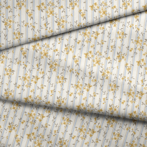 Patrón floral delicado con flores amarillas y hojas grises sobre rayas verticales en fondo crema fabric fold mockup