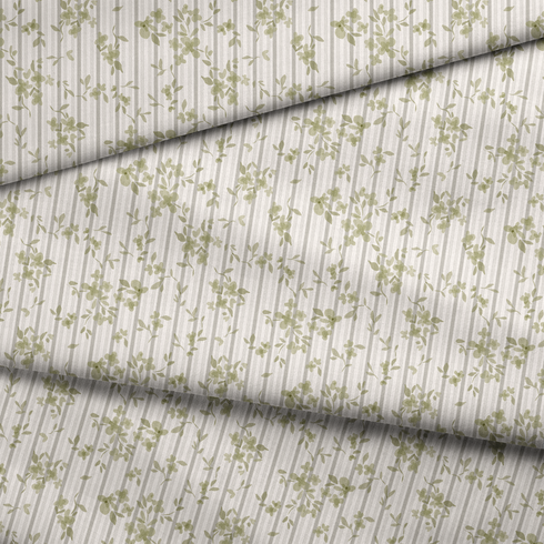 Patrón delicado de ramas verdes sobre rayas verticales beige y crema con estilo botánico suave fabric fold mockup