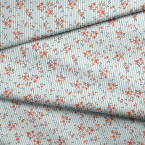 Patrón floral coral y gris sobre rayas azul cielo, flores delicadas con hojas decorativas fabric fold mockup