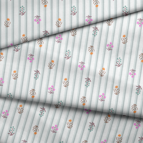 Patrón de rayas verticales gris con pequeños motivos florales en rosado, naranja y verde agua dispersos fabric fold mockup