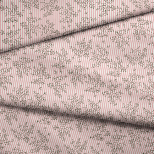 Patrón rosado con rayas verticales y estampado florales de ramas delicadas en gris fabric fold mockup