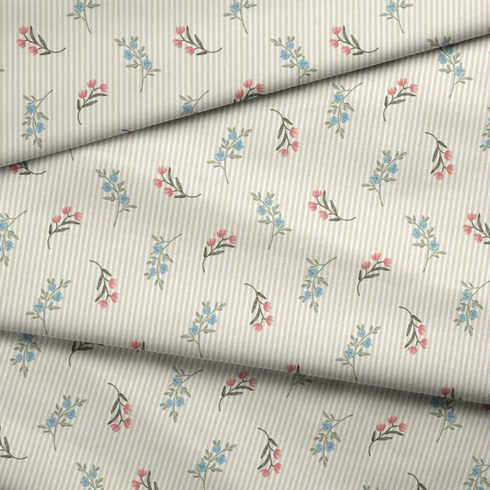 Patrón de rayas beige con flores rosadas y azules delicadas sobre fondo de líneas verticales fabric fold mockup