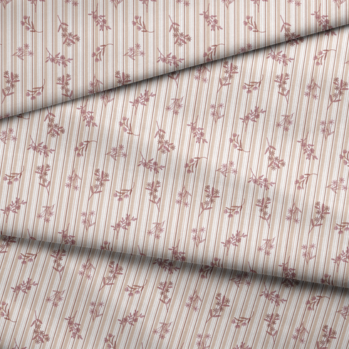 Patrón de rayas verticales en tonos rosado pálido y crema con delicados motivos florales de ramas y hojas fabric fold mockup