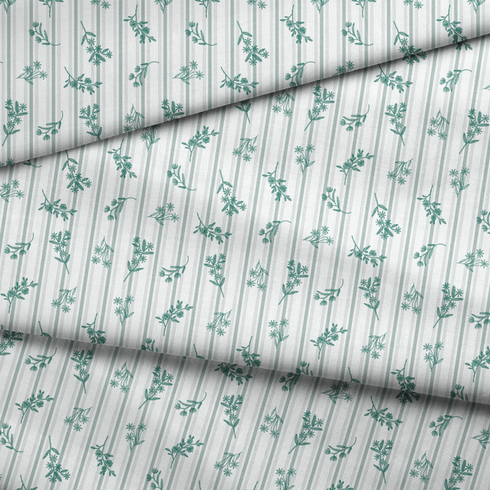Patrón decorativo con rayas verticales y motivos florales de ramas verdes sobre fondo blanco fabric fold mockup