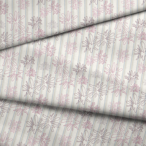 Patrón floral con flores rosado pálido sobre fondo de rayas verticales en tonos crema y beige fabric fold mockup