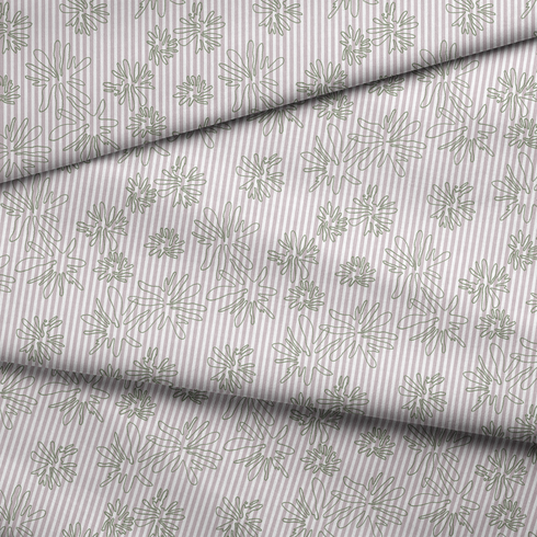 Patrón de líneas rosado pálido con flores estilizadas beige sobre fondo rayado vertical fabric fold mockup