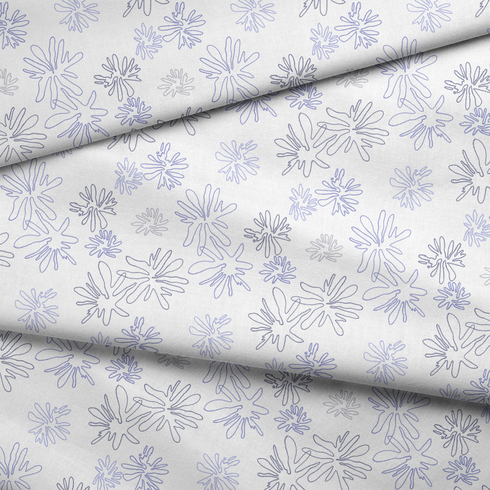 Patrón de flores estilizadas en líneas moradas sobre fondo blanco, diseño floral minimalista y delicado fabric fold mockup