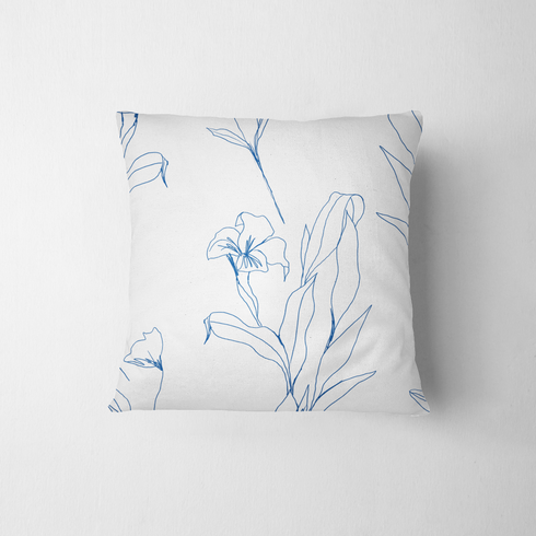 Patrón botánico de líneas azules que muestra flores y hojas en un estilo de dibujo minimalista sobre fondo blanco. fabric pillow mockup