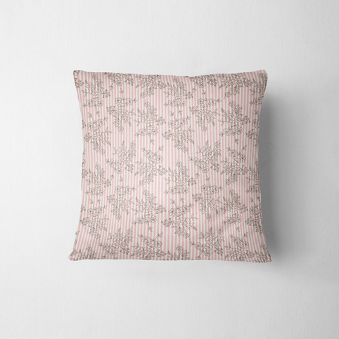 Patrón rosado con rayas verticales y estampado florales de ramas delicadas en gris fabric pillow mockup