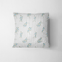 Patrón floral azul con ramas delicadas sobre fondo de rayas blancas y grises, estilo botánico fabric pillow mockup