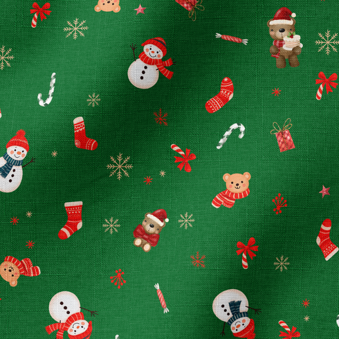 Patrón navideño sobre fondo verde con muñecos de nieve, calcetines, bastones de caramelo y copos de nieve fabric ripple mockup