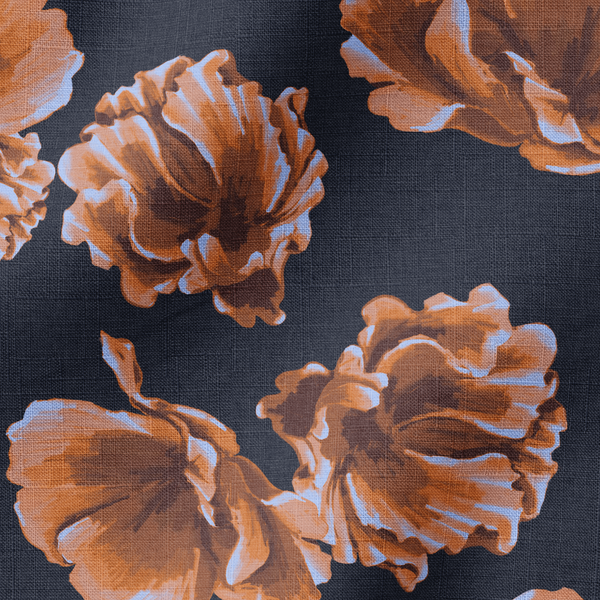 Flores estilizadas en tonos ocre y marrón sobre fondo negro oscuro, diseño artístico botánico decorativo fabric ripple mockup