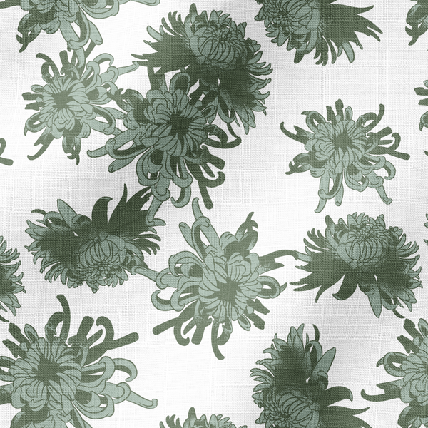 Patrón de flores de crisantemo en tonos verde oliva y menta sobre fondo claro, diseño botánico elegante. fabric ripple mockup