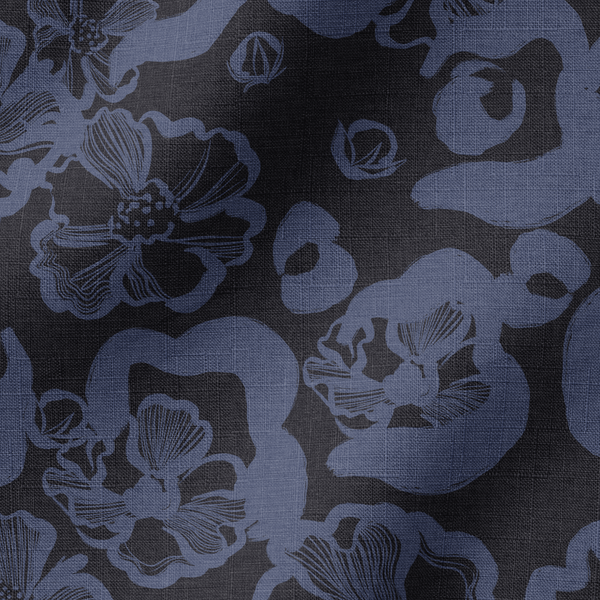 Patrón floral abstracto en tonos azul-violeta sobre fondo negro oscuro con diseños de flores estilizadas fabric ripple mockup