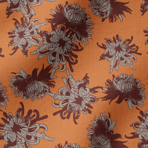 Patrón decorativo de flores de crisantemo en tonos marrones y grises sobre fondo naranja cálido fabric ripple mockup