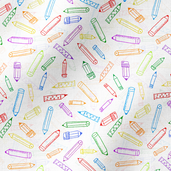 Patrón colorido de lápices y crayones dibujados en estilo lineal sobre fondo blanco fabric ripple mockup