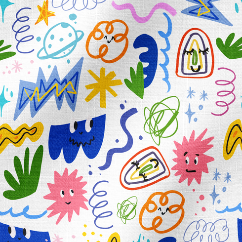 Coloridos dibujos doodle infantiles con formas abstractas, espirales, estrellas y líneas onduladas en azul, amarillo, rosa y verde. fabric ripple mockup