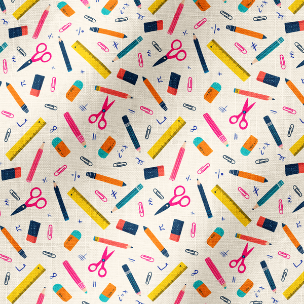 Patrón colorido con útiles escolares: lápices, reglas, tijeras y clips sobre fondo crema fabric ripple mockup