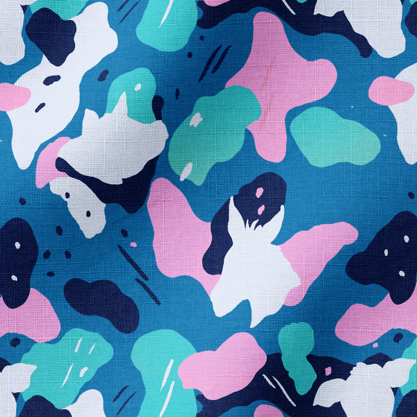 Patrón abstracto en tonos azul, turquesa, rosa y blanco con formas orgánicas superpuestas. fabric ripple mockup