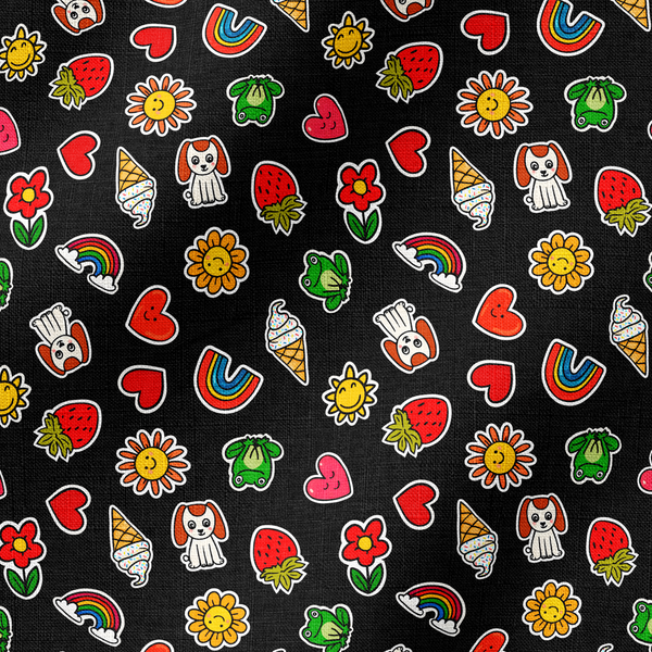 Coloridos stickers de diseño infantil sobre fondo negro: flores, fresas, corazones, arcoíris e iconos de mascotas. fabric ripple mockup