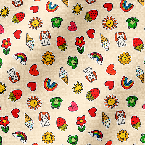 Patrón colorido de dibujos simples: corazones, fresas, arcoíris, helados, flores y pequeños animales sobre fondo beige claro. fabric ripple mockup